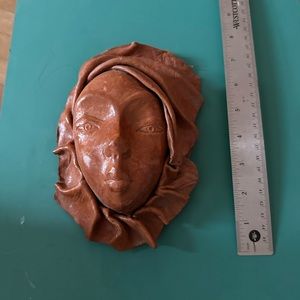 VTG Tribal Leather Woman's Face Hand Tool Molded Haitian Folk Art Wall Decor